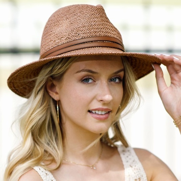 SOLD OUT Light Brown Woven Panama Hat w/ Faux Leather Double Band Women's - Picture 3 of 7